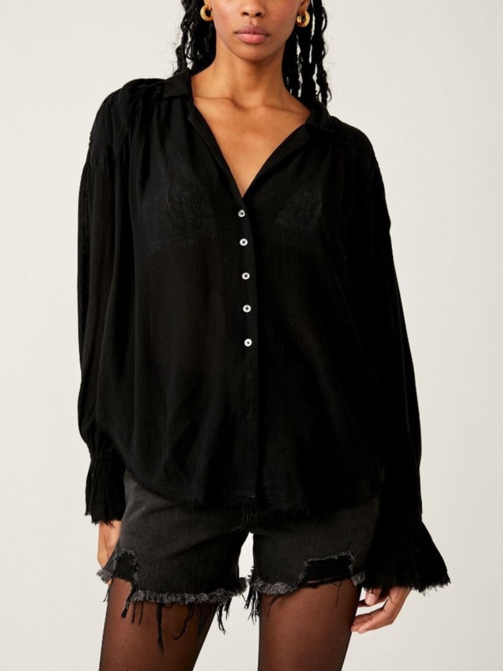 Free People Black Embroidered Long Sleeve Olivia Smocked Peasant Top Size Medium